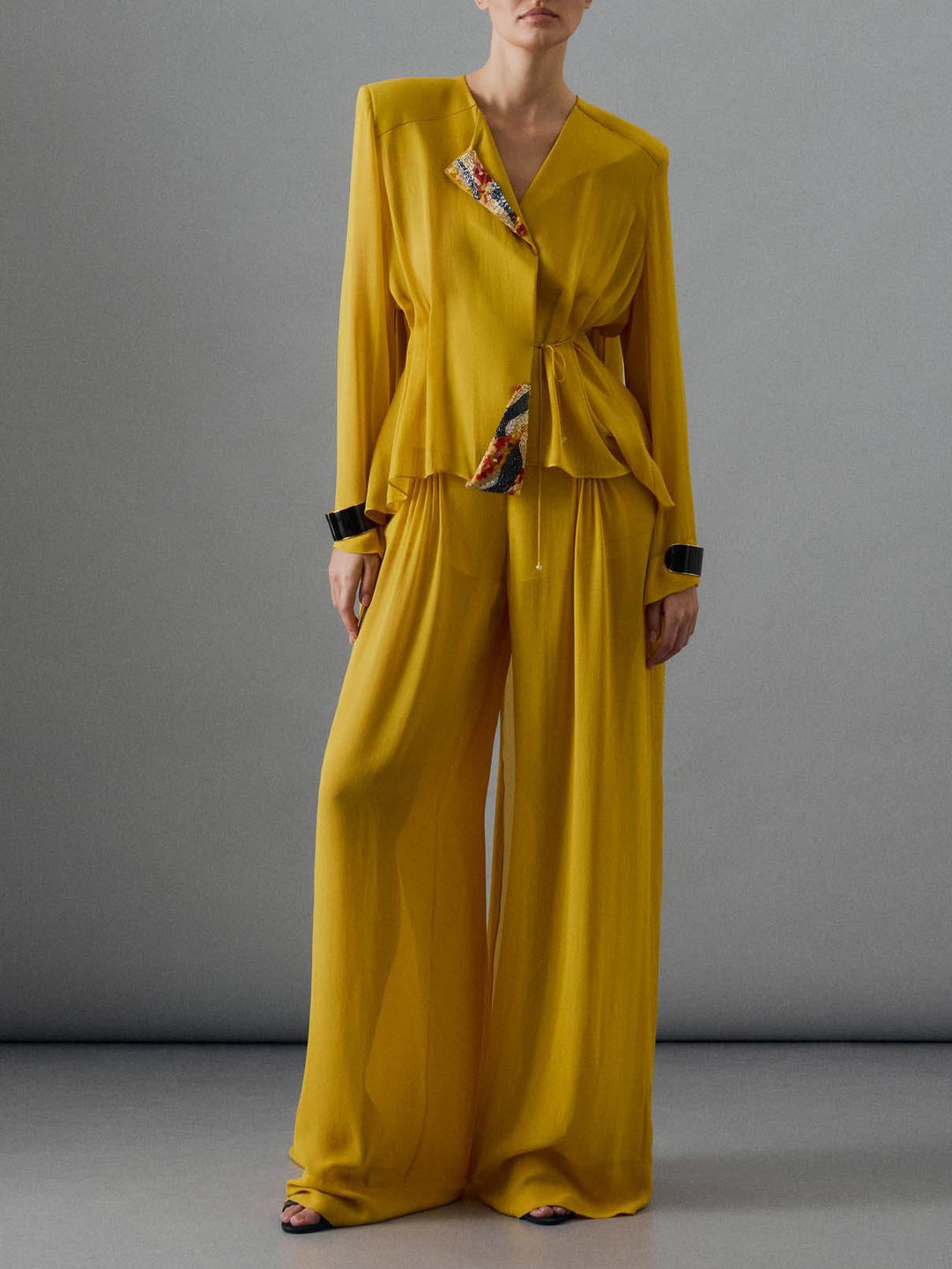 Elegant Draped Chiffon Shirt & Wide Leg Pants Two-Piece Set
