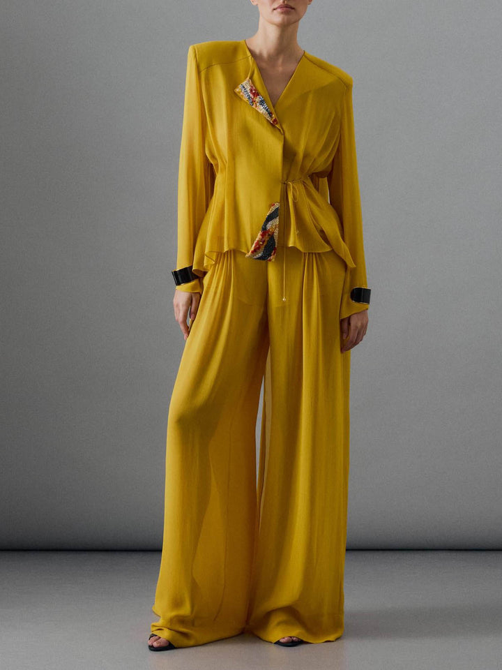 Elegant Draped Chiffon Shirt & Wide Leg Pants Two-Piece Set