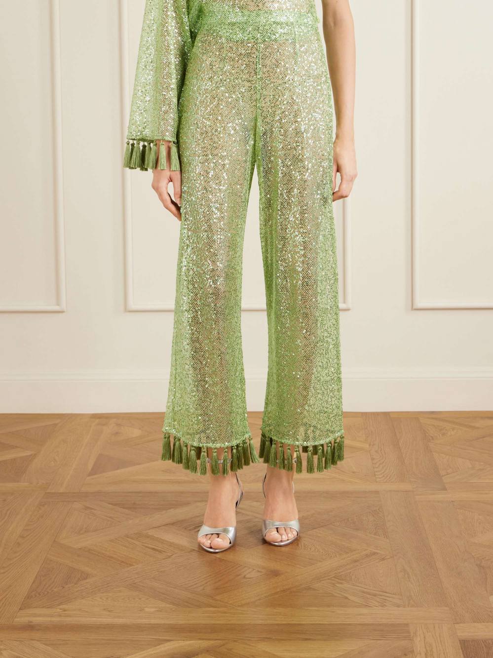 Elegant One-Shoulder Sequin Tassel Top & Flared Pants Two-Piece Set