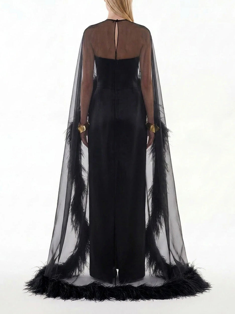 Elegant Sheer Chiffon Shawl Black Satin Maxi Dress
