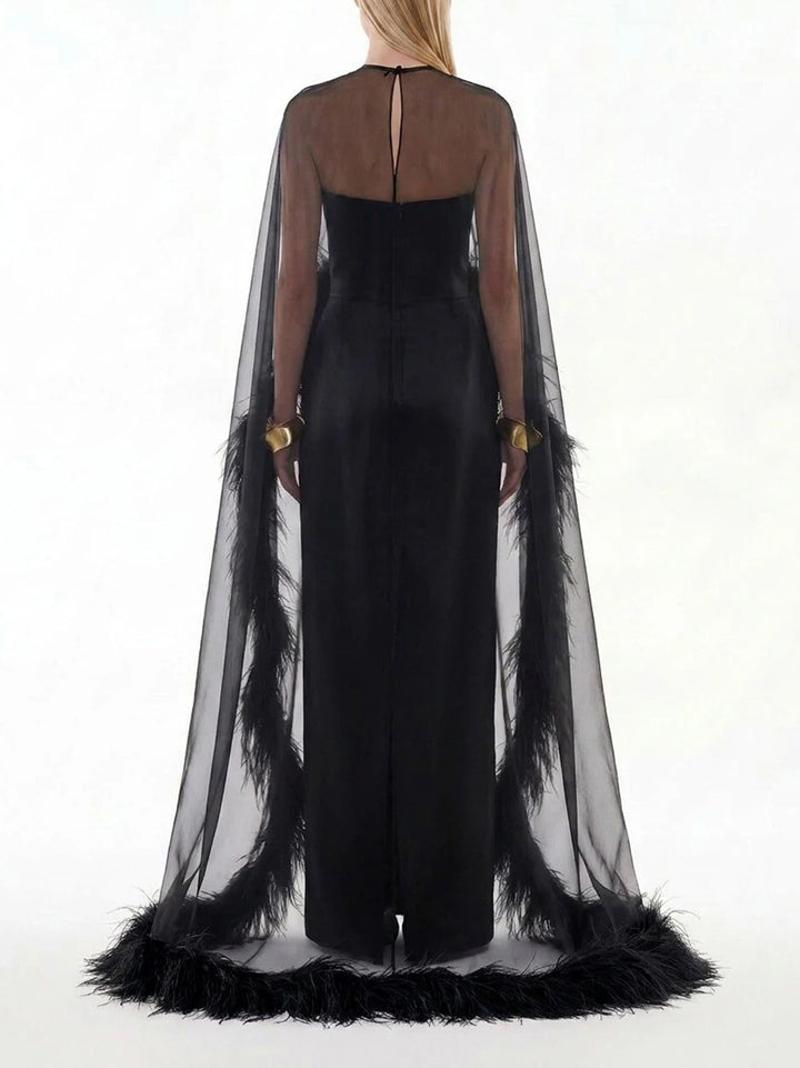 Elegant Sheer Chiffon Shawl Black Satin Maxi Dress
