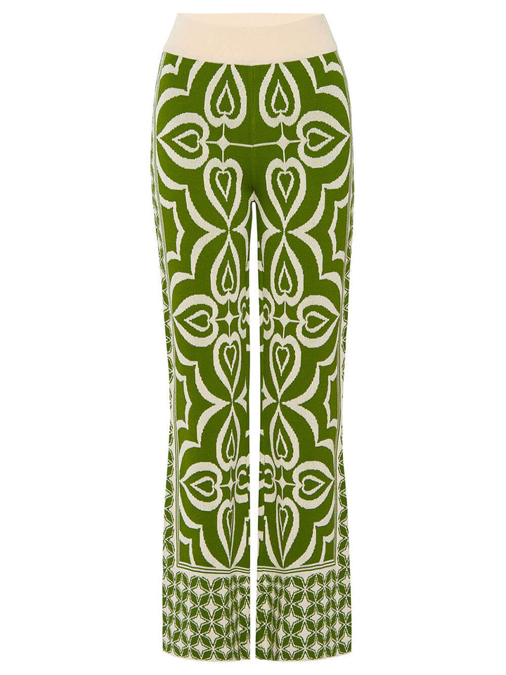 Spring-Inspired Tile Print Slim-Fit Stretch Knit Jacquard Pants