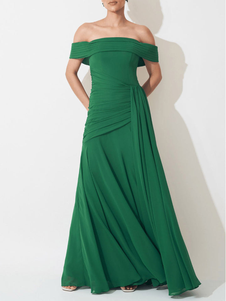 Elegant Off Shoulder Ruched Chiffon Maxi Dress