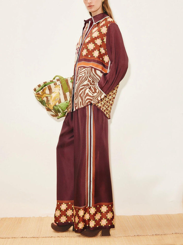 Unique Paisley Color-Block Satin Shirt