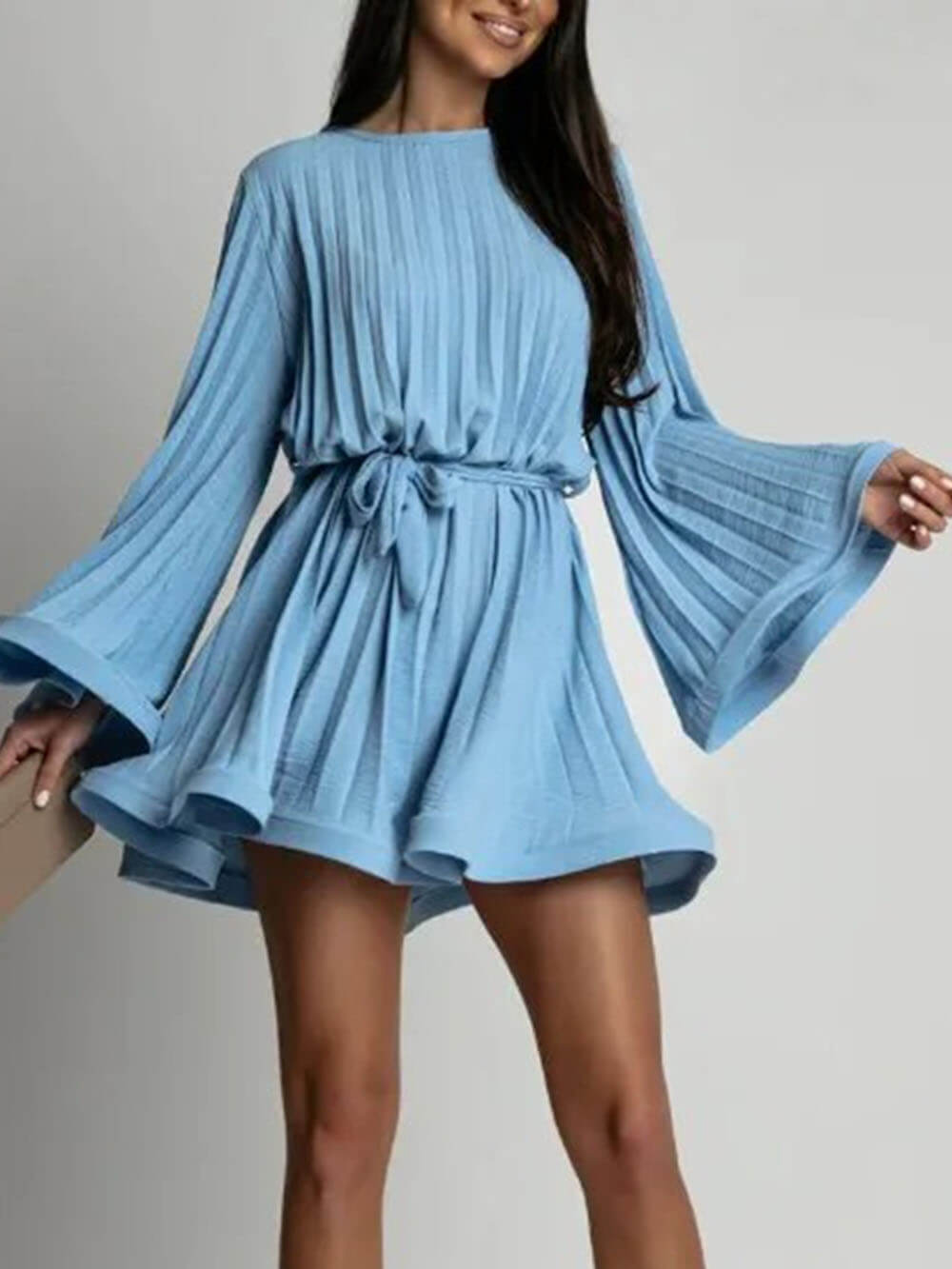Elegant Round Neck Bell Sleeve Tie-Waist Ruched Mini Dress
