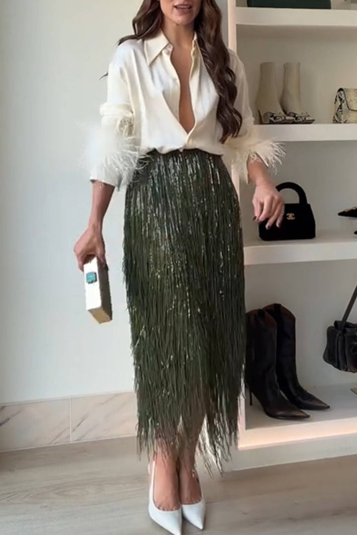Exquisite Feather Trim Long Sleeve Button Up Loose Blouse