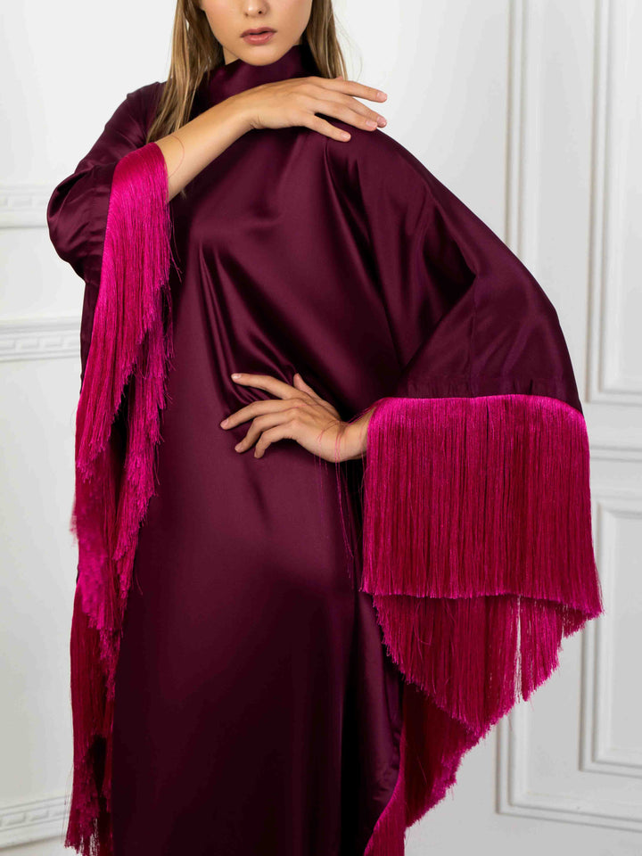 Elegant High-Neck Fringe Trim Asymmetrical Maxi Dress