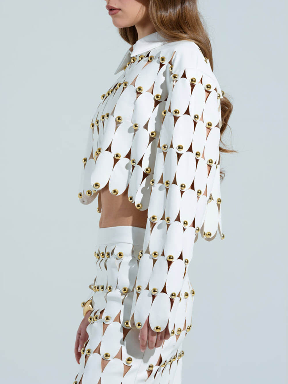 Exquisite Cut-Out Studded PU Cropped Cardigan Top And Maxi Skirt Set