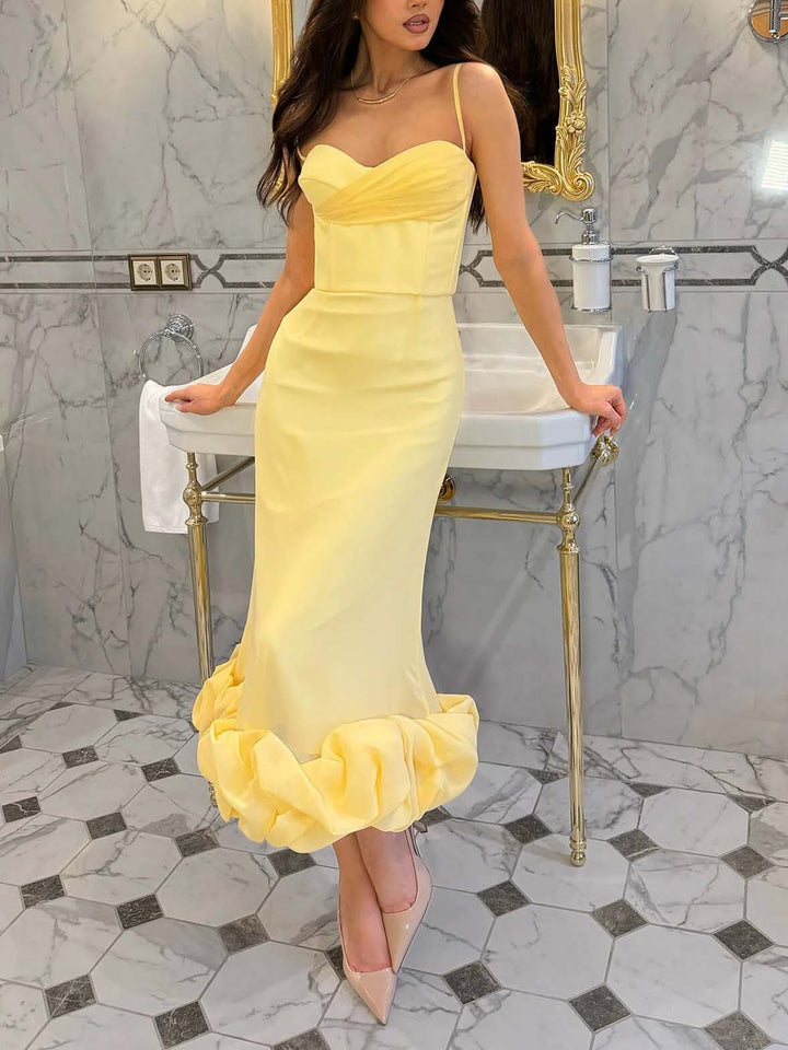 Elegant Sweetheart Ruffle Hem Satin Mermaid Maxi Dress
