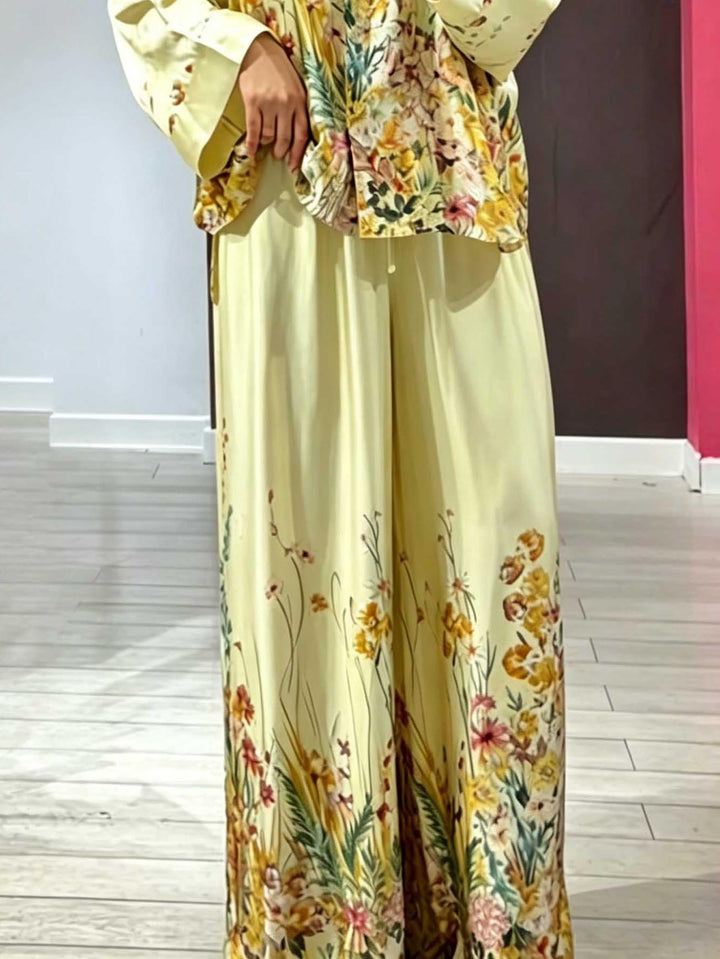 Elegant Floral Print Satin Wide Leg Pants