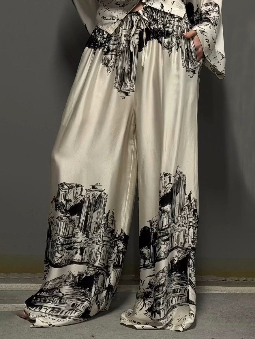 Architectural Print Satin Shirt And Pants Two-Piece Set
