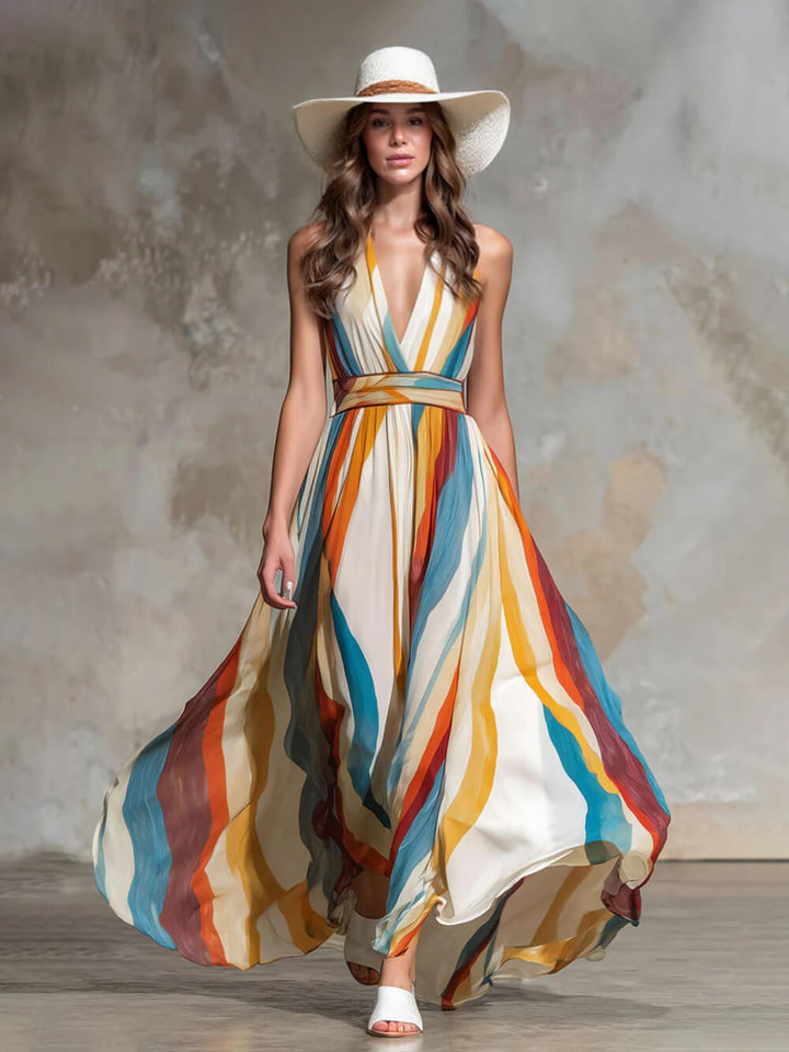 Retro Rainbow Striped Chiffon Sleeveless Maxi Dress