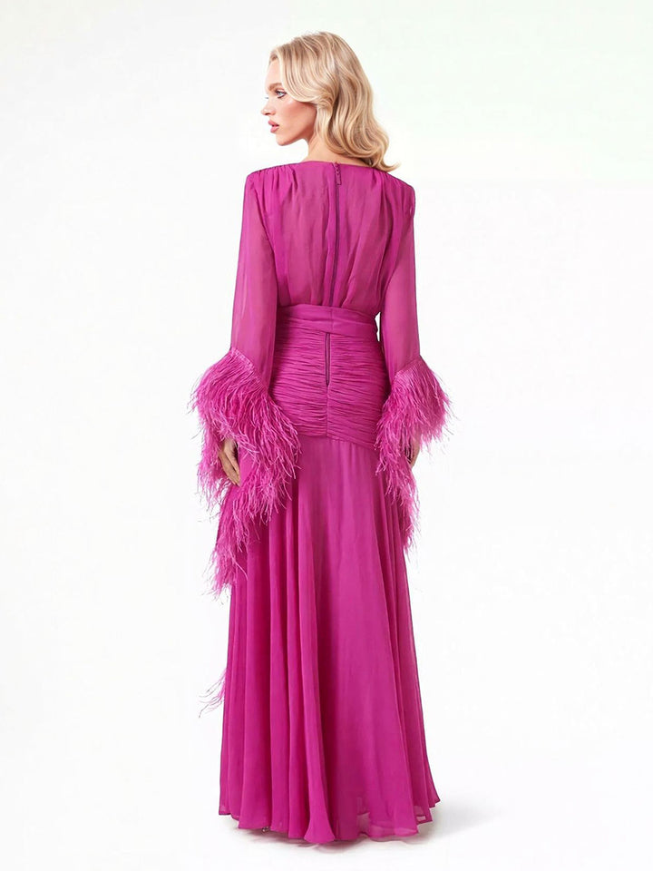 Elegant V-Neck Feather Cuff Flowing Chiffon Maxi Dress