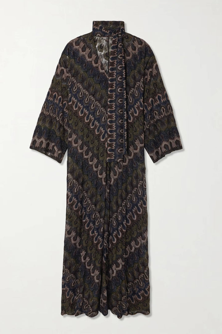 Boho Tie-Detail Striped Metallic Crochet Maxi Dress