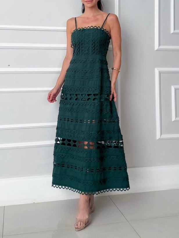 Elegant Lace Hollow-Out Spaghetti Strap Midi Dress