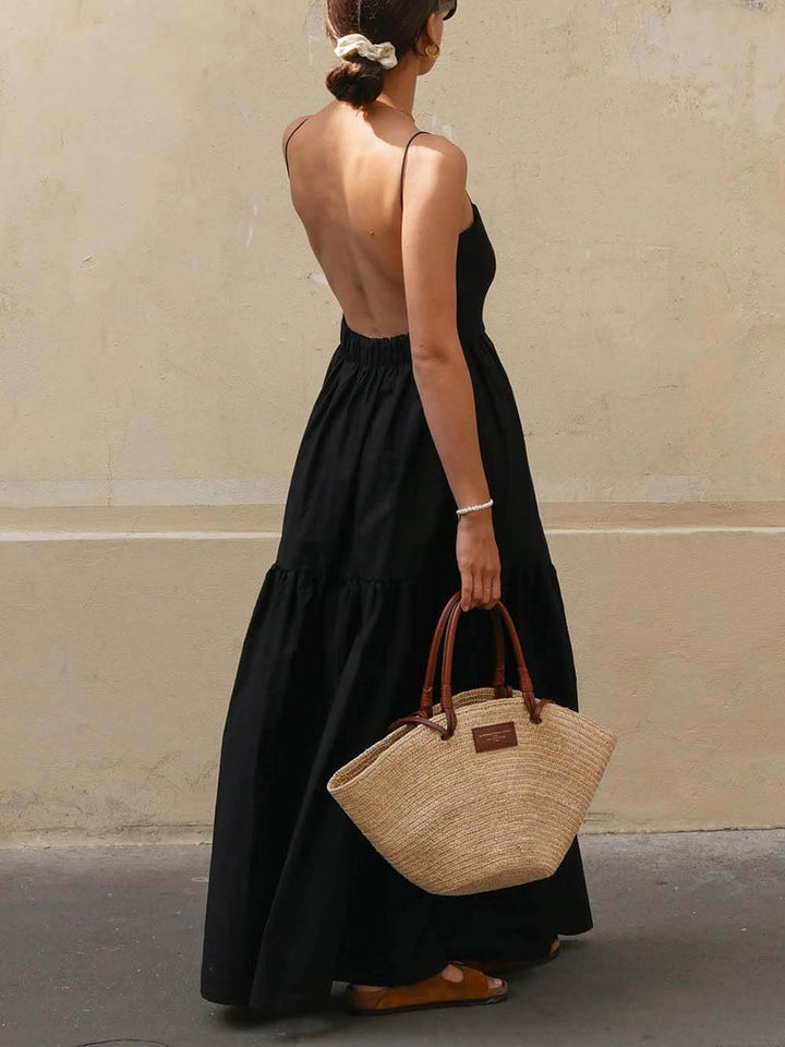 Klassisches, plissiertes, einfarbiges, rückenfreies Maxikleid