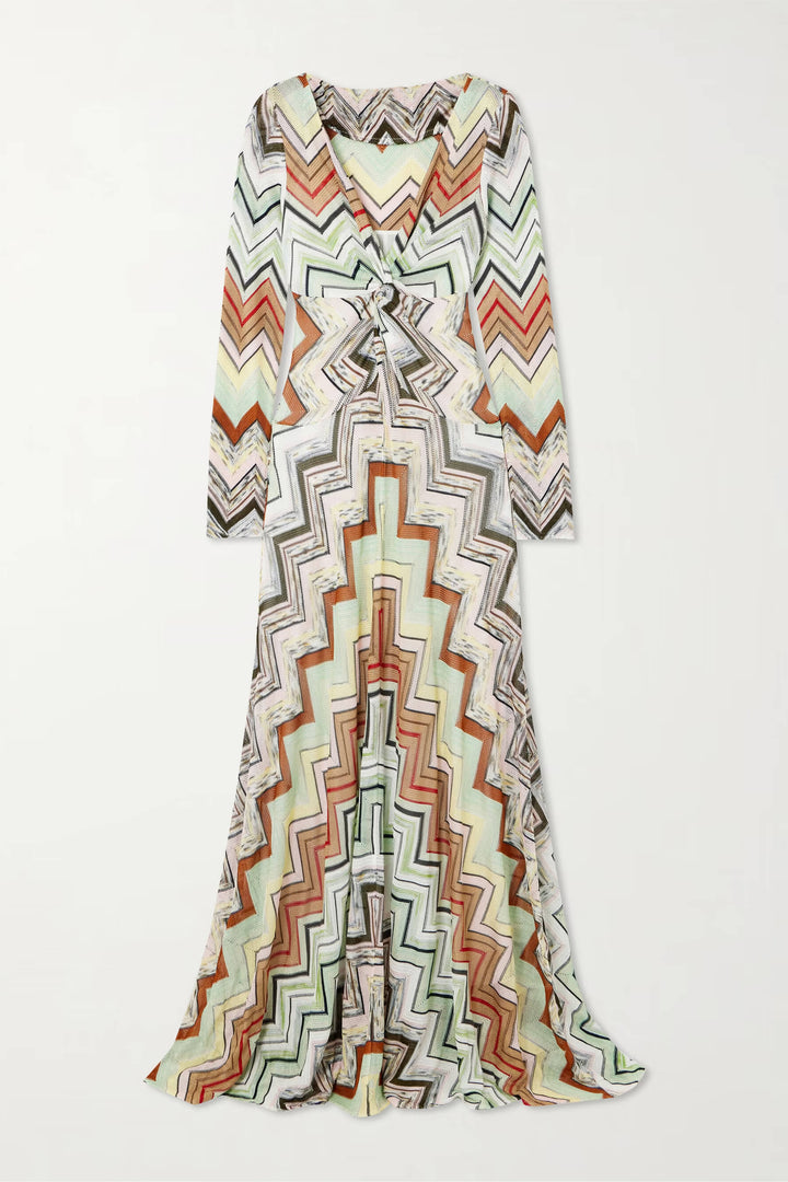 Bohemian Wave Print Crochet Maxi Dress