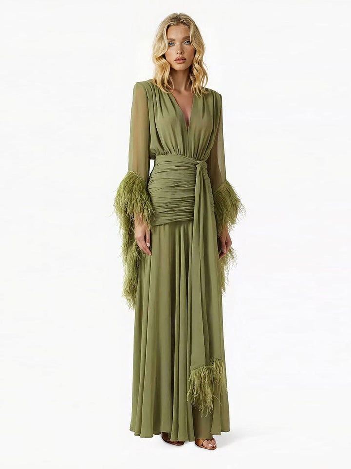 Elegant V-Neck Feather Cuff Flowing Chiffon Maxi Dress