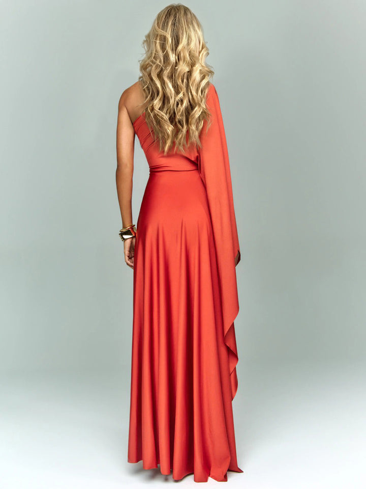 Elegant Orange Asymmetrical Satin Draped Maxi Dress