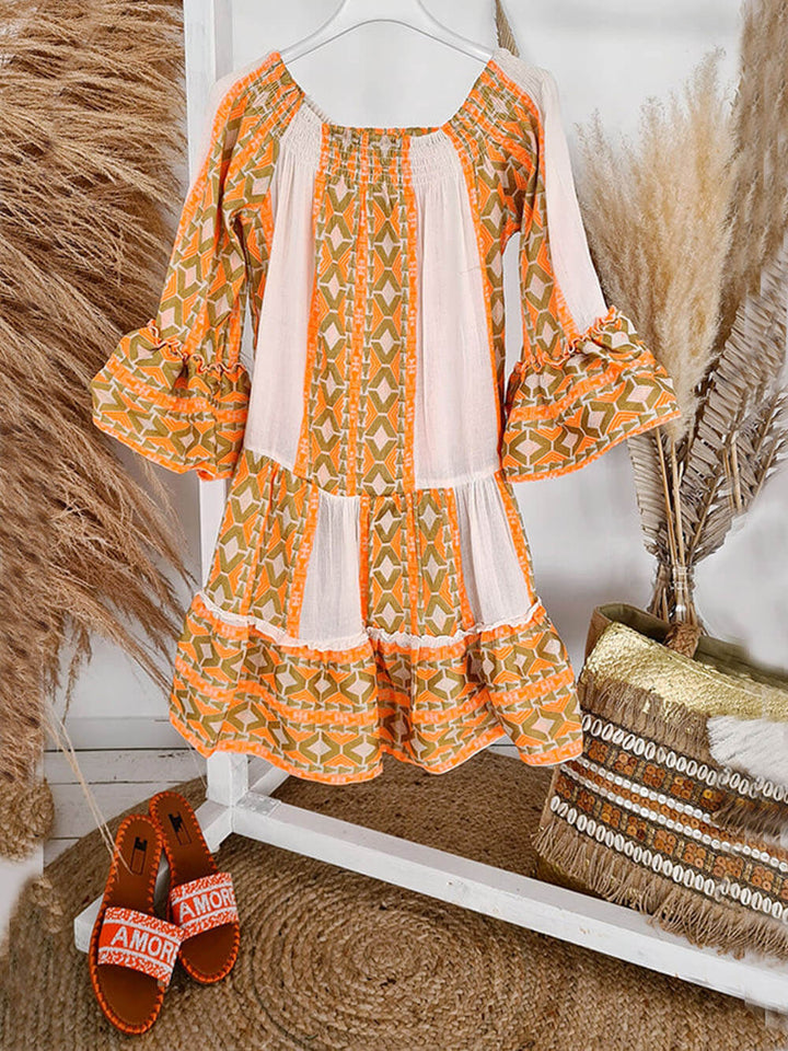 Minivestido solto com estampa étnica de mistura de linho e ombros de fora