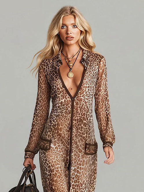 Elegant Chiffon Leopard Print Maxi Dress