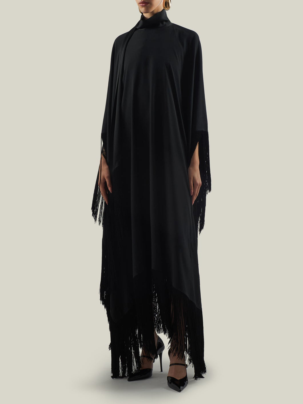 Elegant High-Neck Fringe Trim Asymmetrical Maxi Dress
