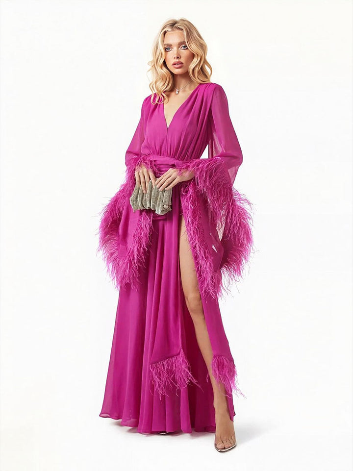 Elegant V-Neck Feather Cuff Flowing Chiffon Maxi Dress