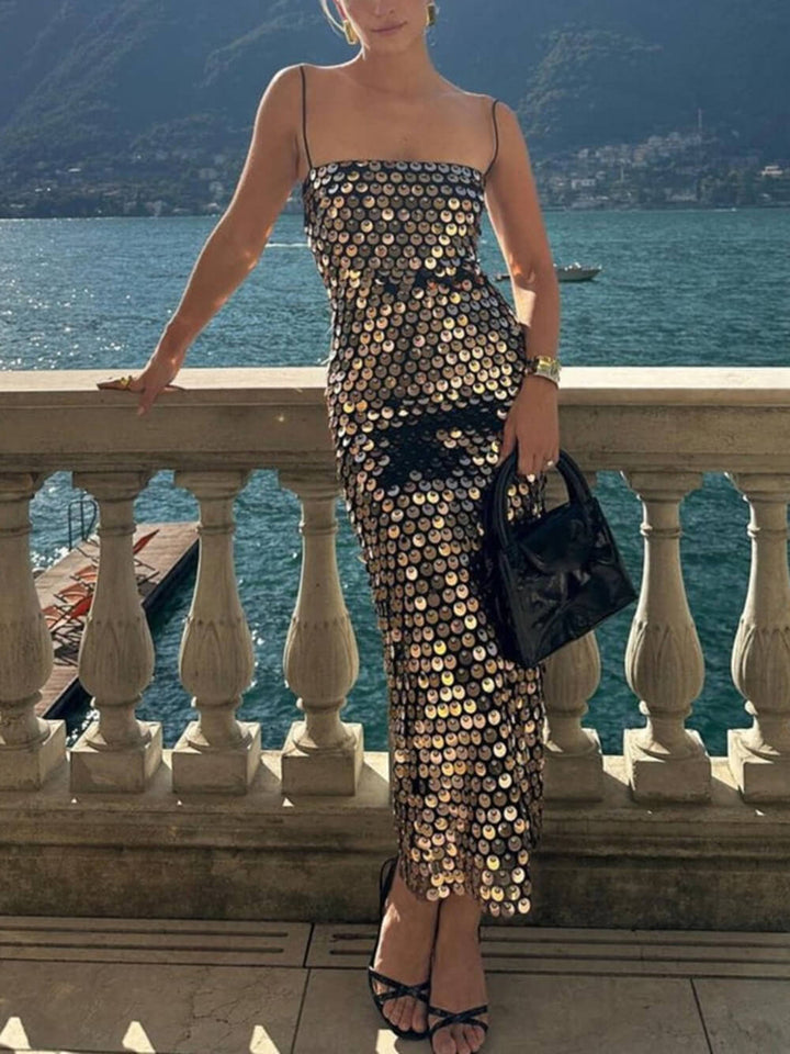 Sequin mångsidig oregelbunden midiklänning
