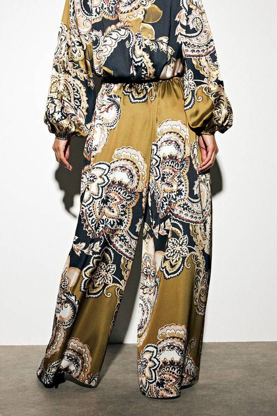 Exquisite Satin Paisley Print Elastic-Waist Wide-Leg Pants