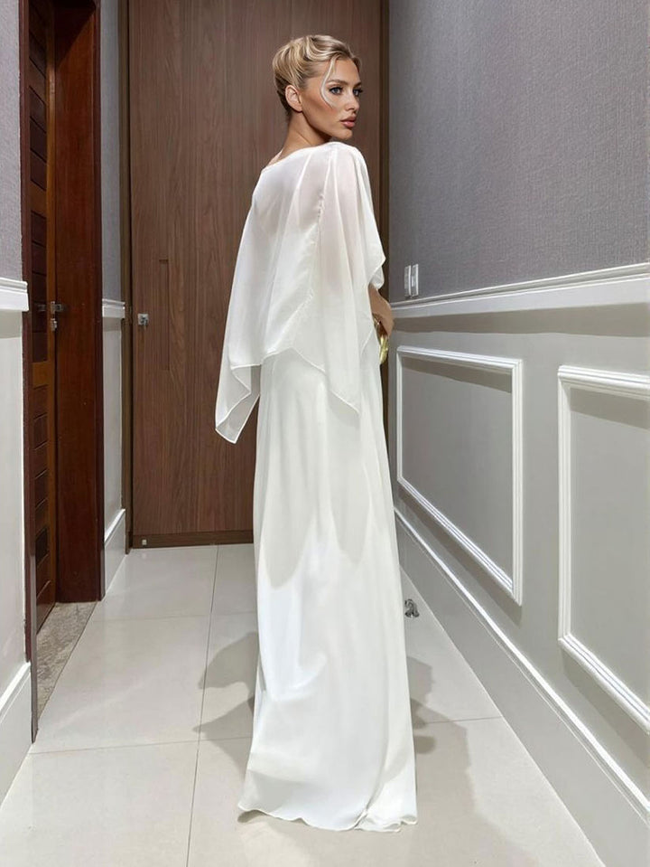 Elegant Blue Chiffon Cape Top & Wide-Leg Pants Two-Piece Set