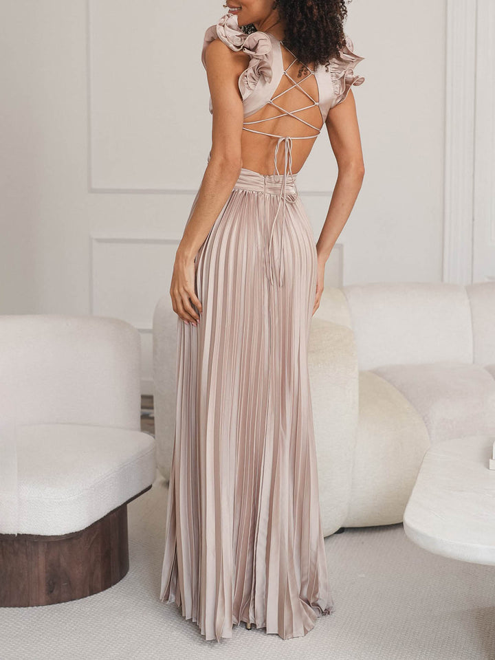 Elegant V-neck Open Back Pleated Ruffle Maxi Dress