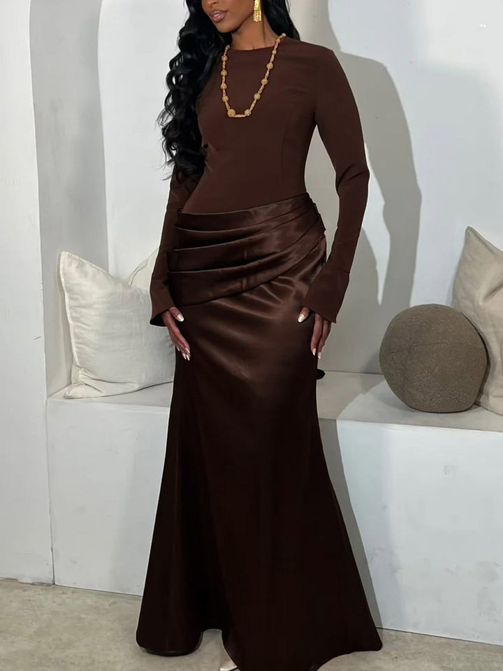 Elegant Long-Sleeved Draped Satin Maxi Dress