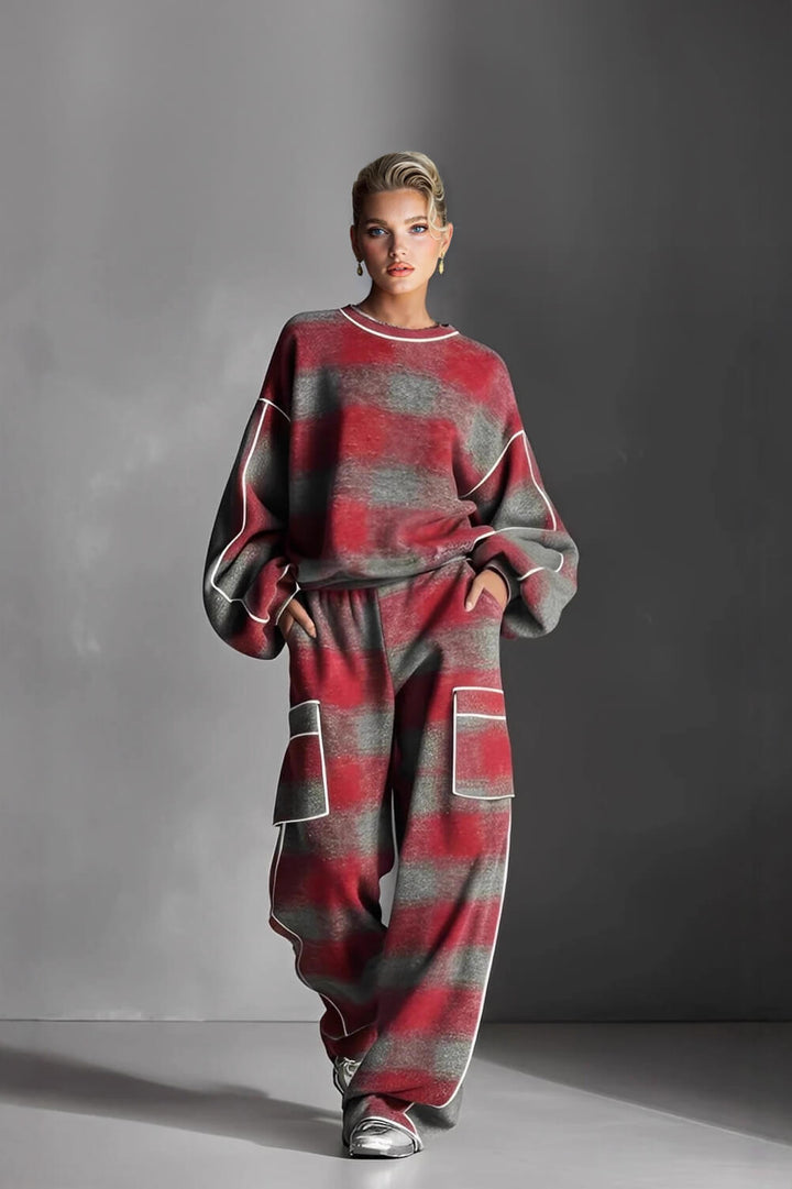 Fashion Street-Style Red And Gray Plaid Color-Block Loose Top and Wide-Leg Pants Set