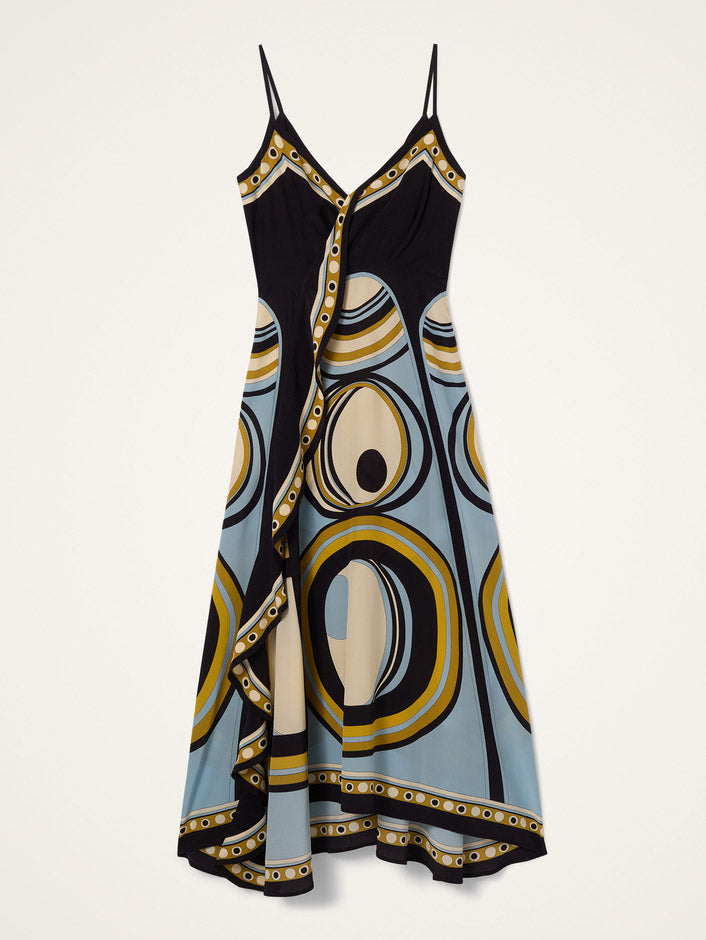 Retro Geometric Print V-Neck Slip Midi Dress