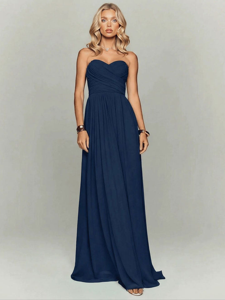 Elegant Strapless Ruched Maxi Dress With Flowing Cape