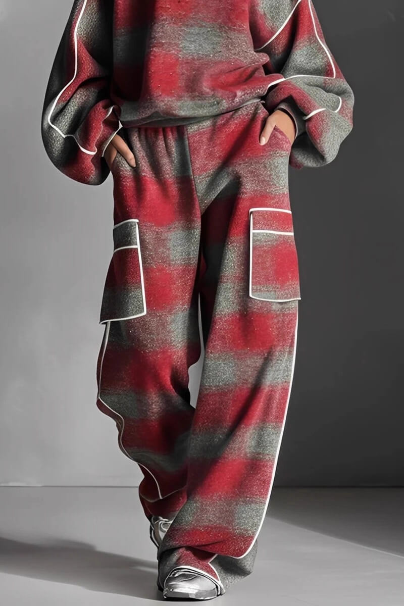 Fashion Street-Style Red and Gray Plaid Color-Block Loose Top