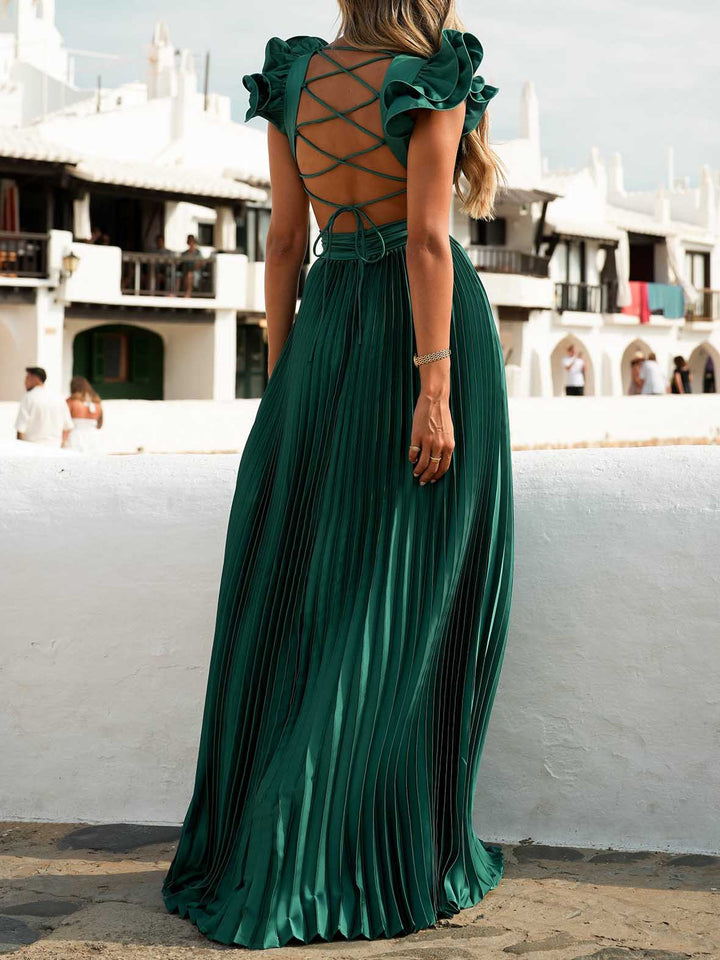 Elegant V-neck Open Back Pleated Ruffle Maxi Dress