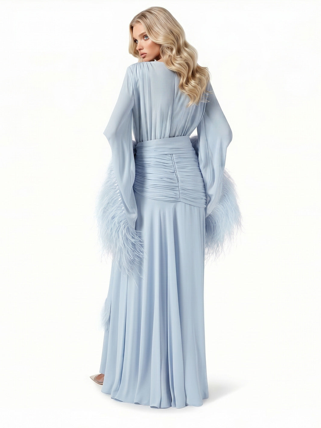 Elegant V-Neck Feather Cuff Flowing Chiffon Maxi Dress