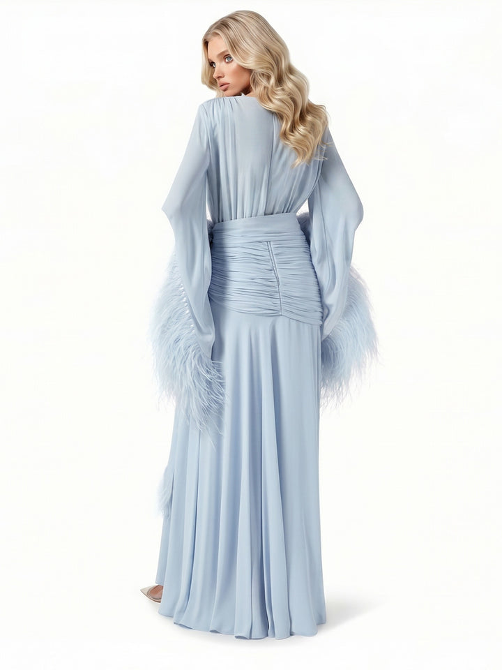 Elegant V-Neck Feather Cuff Flowing Chiffon Maxi Dress