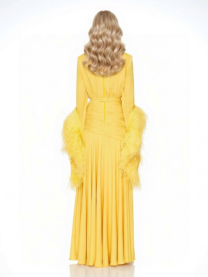 Elegant V-Neck Feather Cuff Flowing Chiffon Maxi Dress