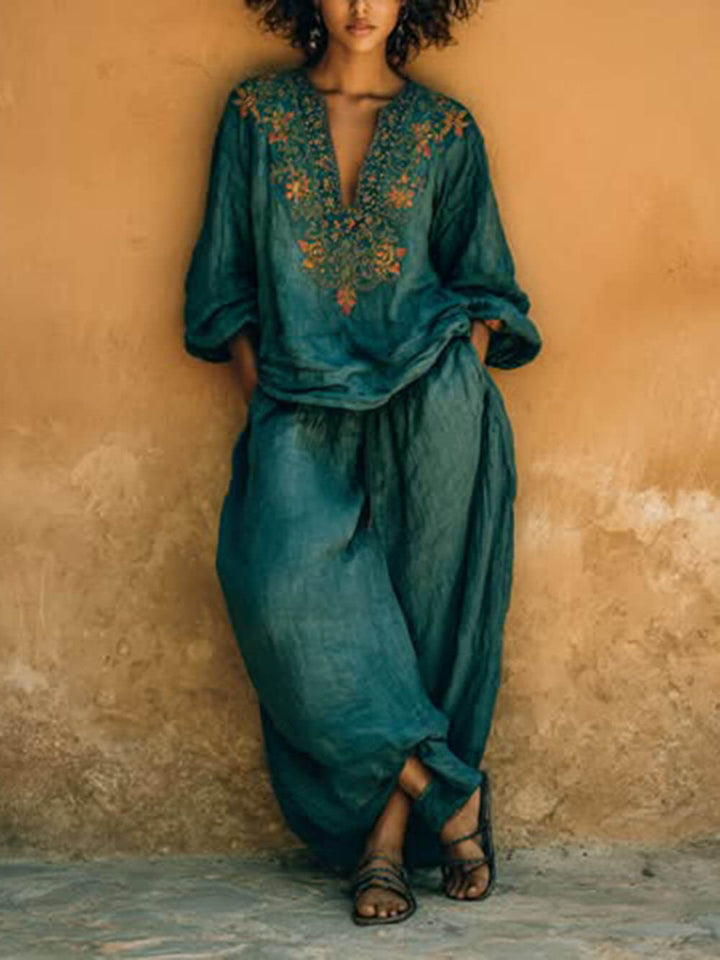 Boho Cotton-Linen Pockets Wide-Leg Pants