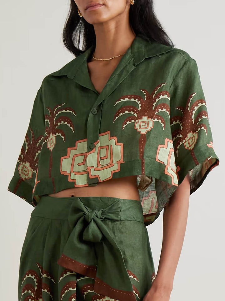 Retro Palm Tree Print Cropped Linen Shirt