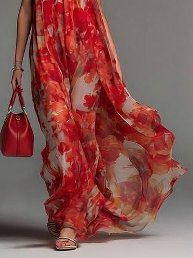 Elegant Watercolor Floral Backless Sheer Maxi Dress