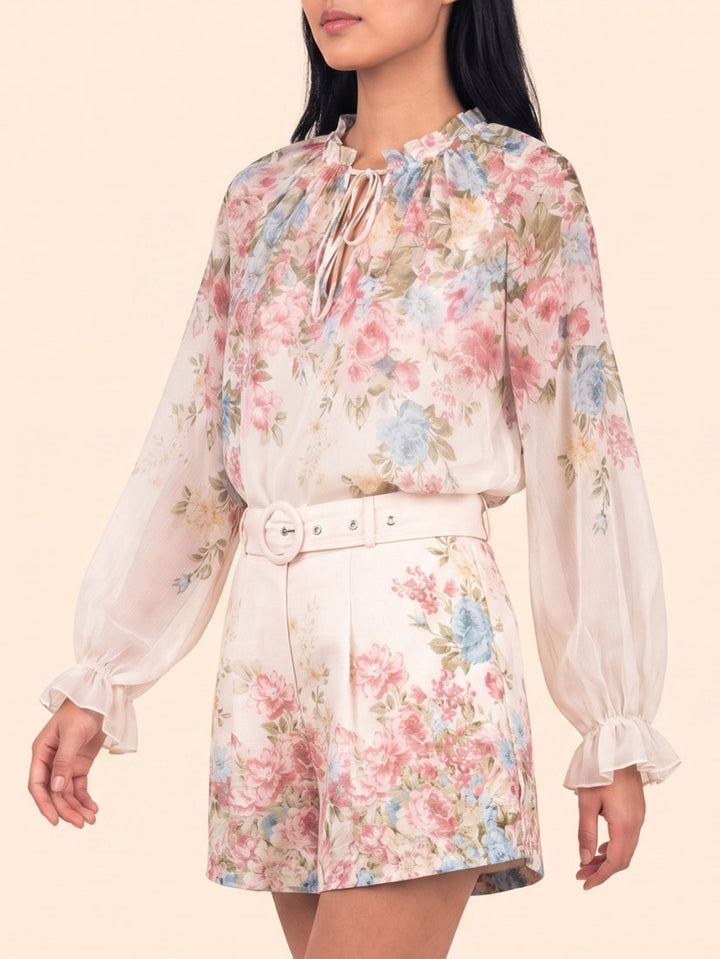 Exquisite Floral Print Long Sleeve Chiffon Shirt & Shorts Set