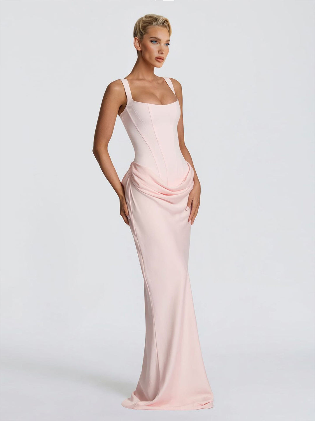 Elegant Square Neck Cinched Top & Ruched Waist Draped Maxi Dress