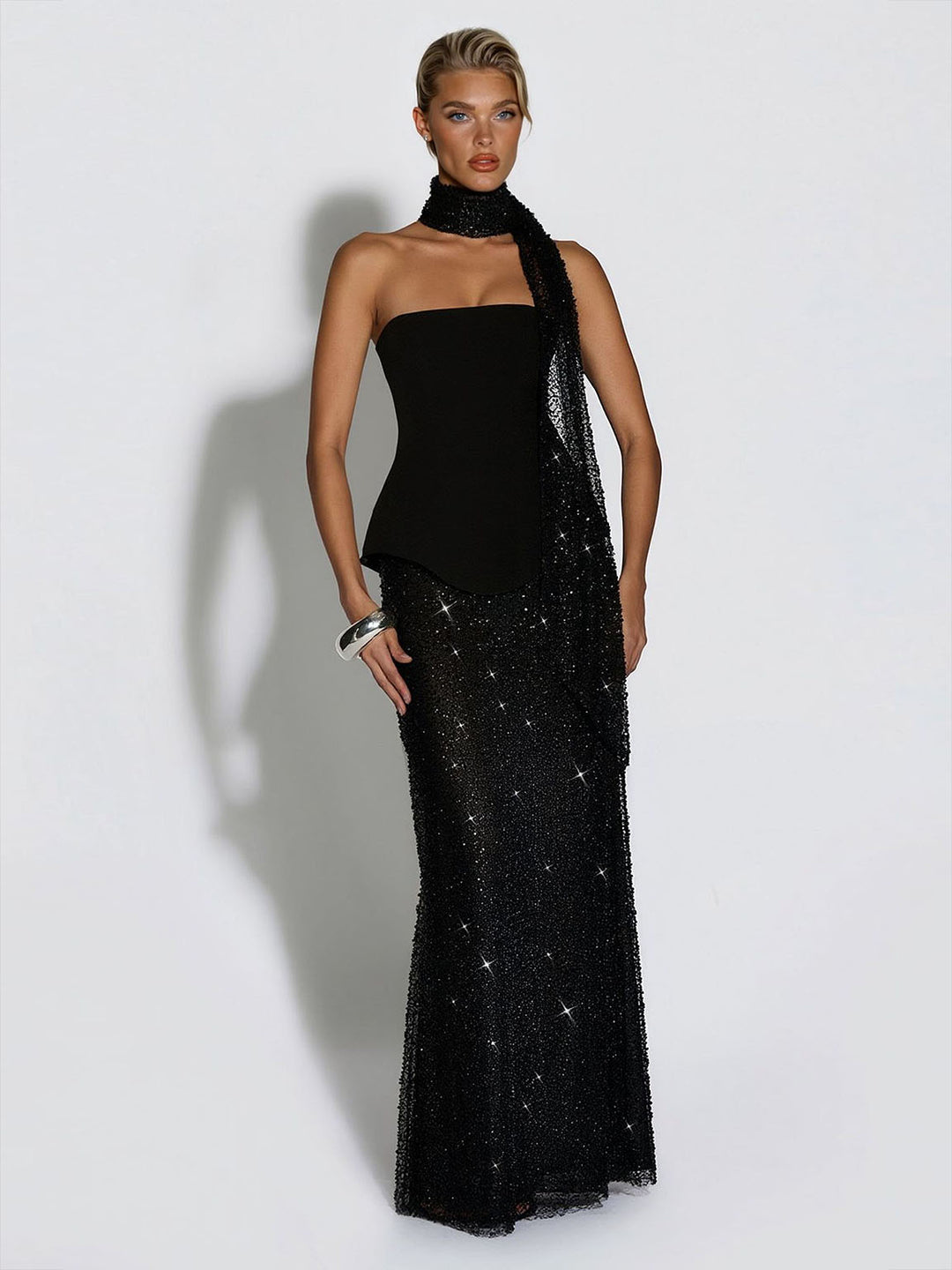 Elegant Strapless Sequin Skirt And Shawl Two-Piece Set