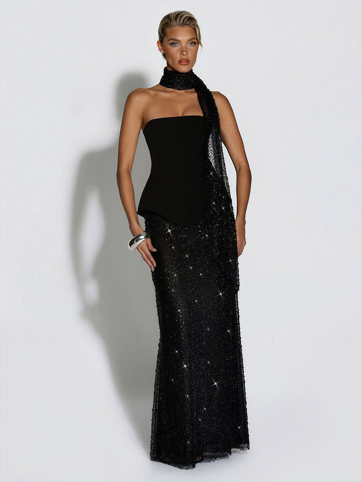 Elegant Strapless Sequin Skirt And Shawl Two-Piece Set