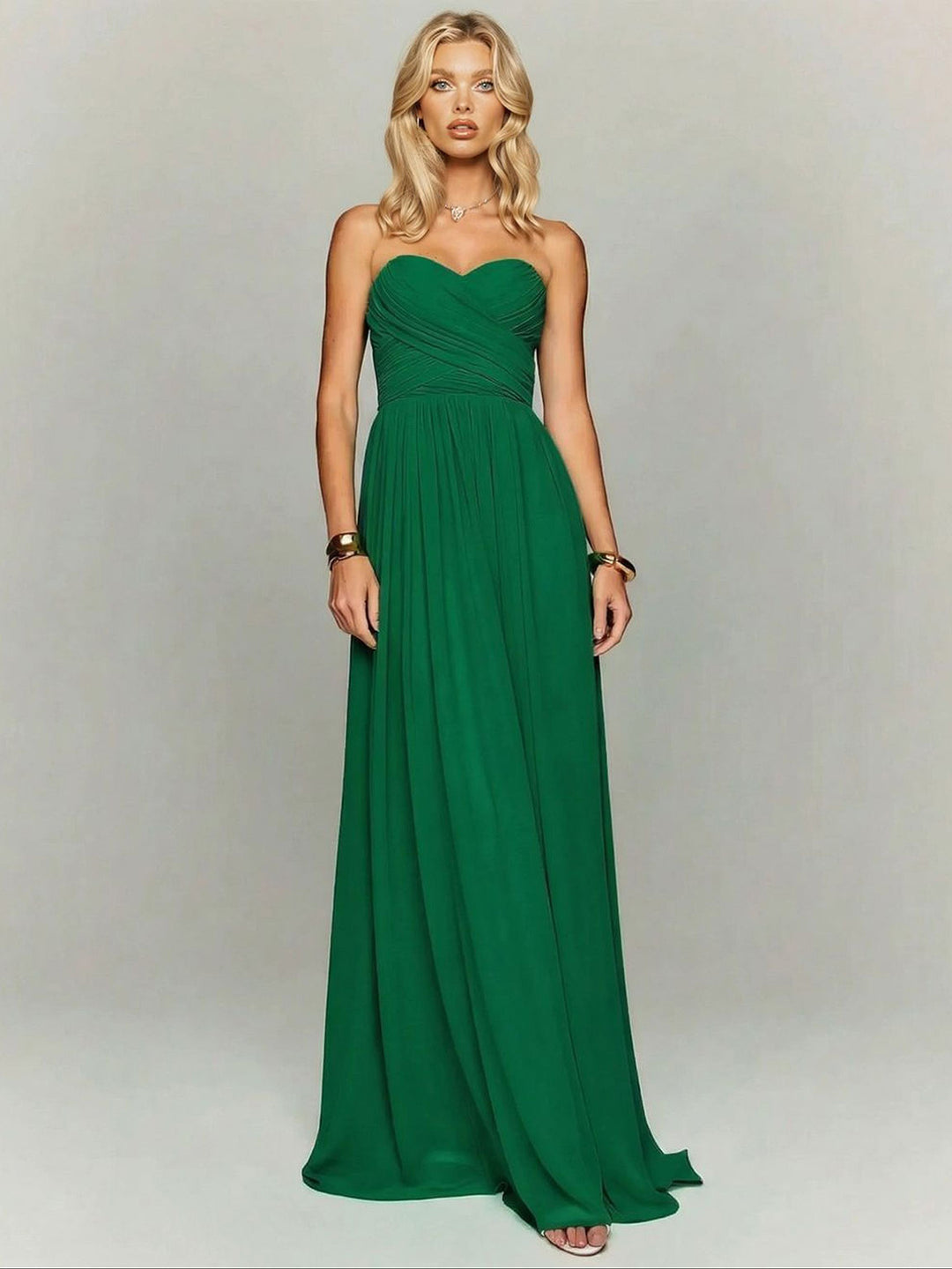 Elegant Strapless Ruched Maxi Dress With Flowing Cape