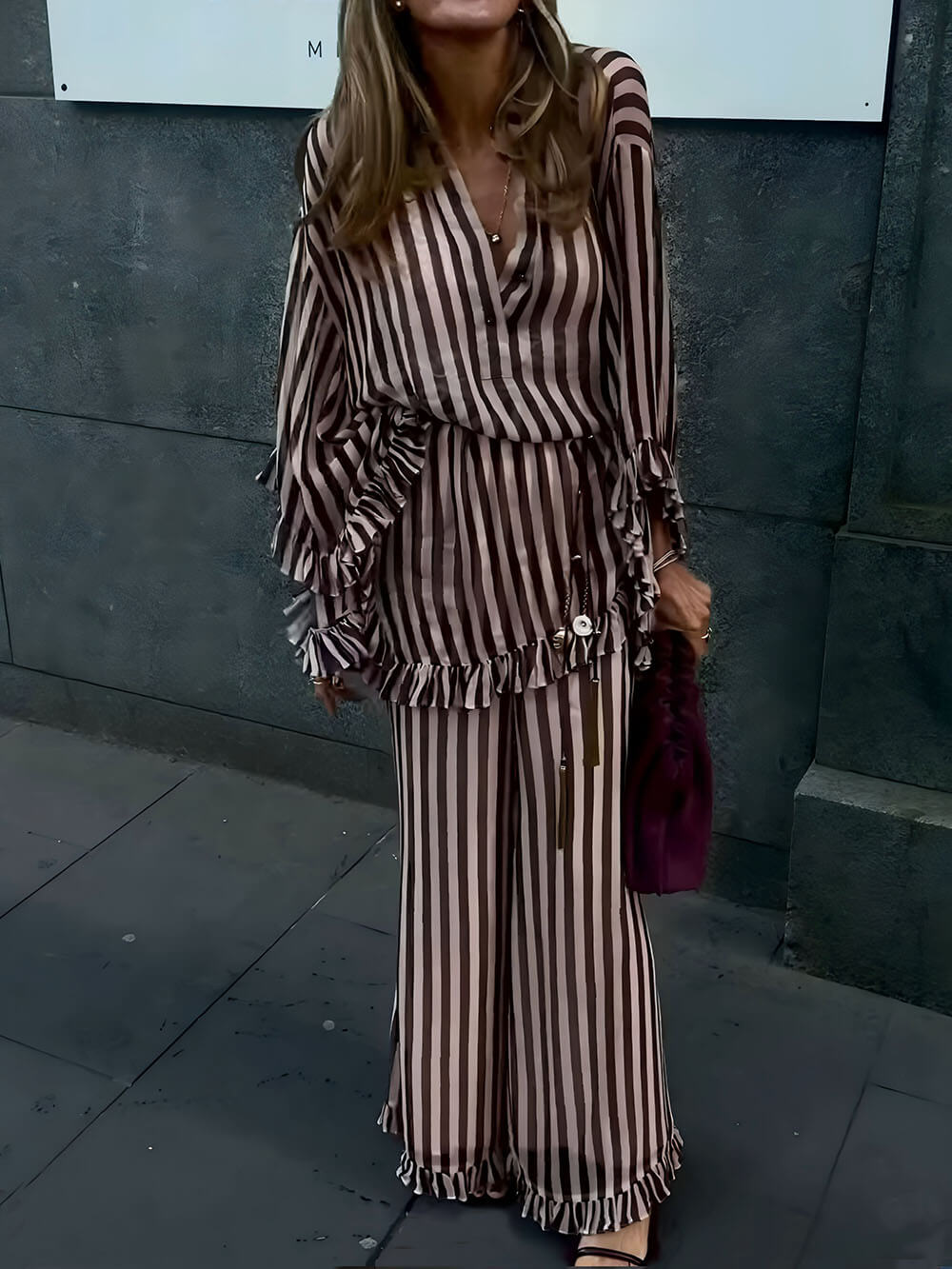 Classic Stripe Print Ruffle Paneled Elastic Waist Wide-Leg Pants