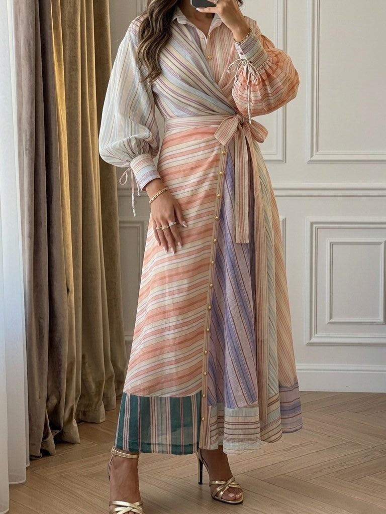 Elegant Striped Wrap Shirt Maxi Dress